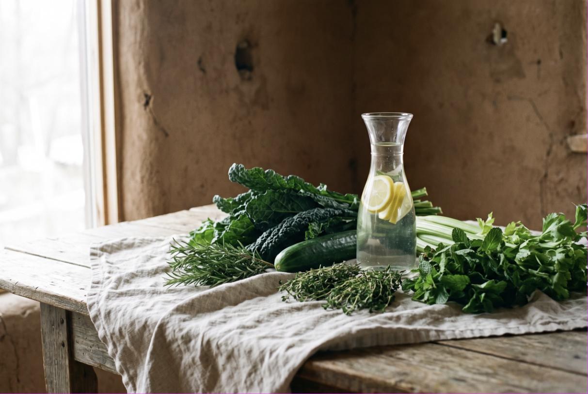 Grünes Blattgemüse, Gurke, Sellerie, Kräuter und eine Karaffe Zitronenwasser auf einem Holztisch