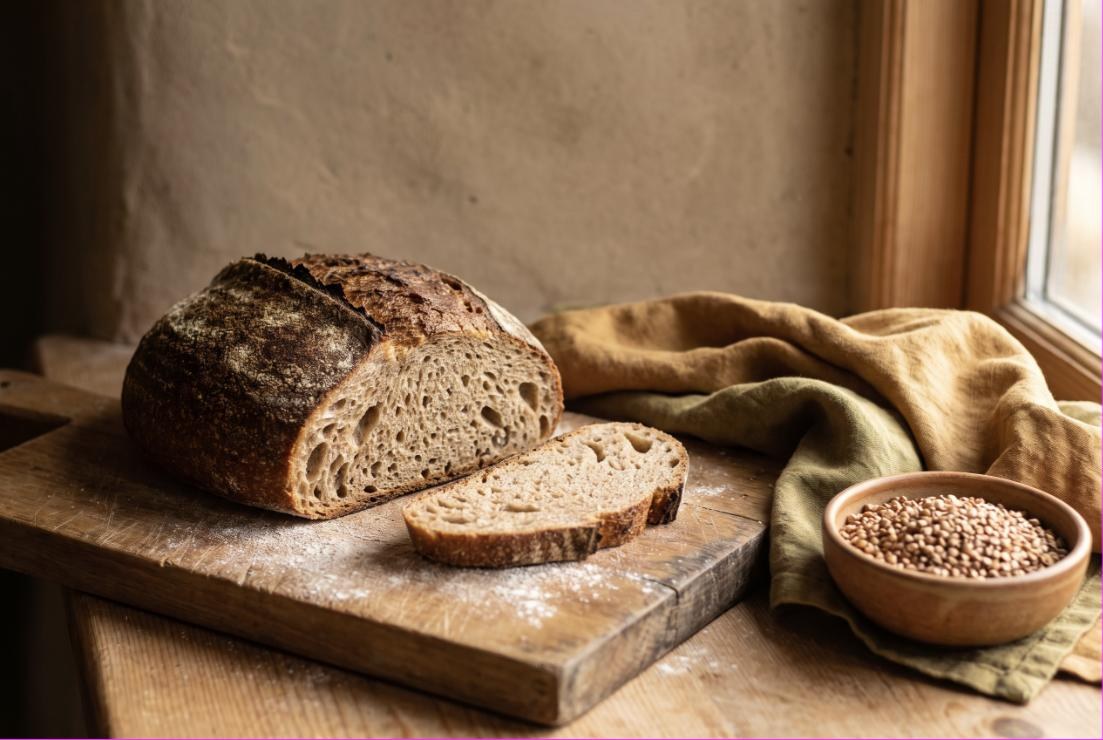 Sauerteigbrot mit einer Schale Buchweizen auf einem Holzbrett