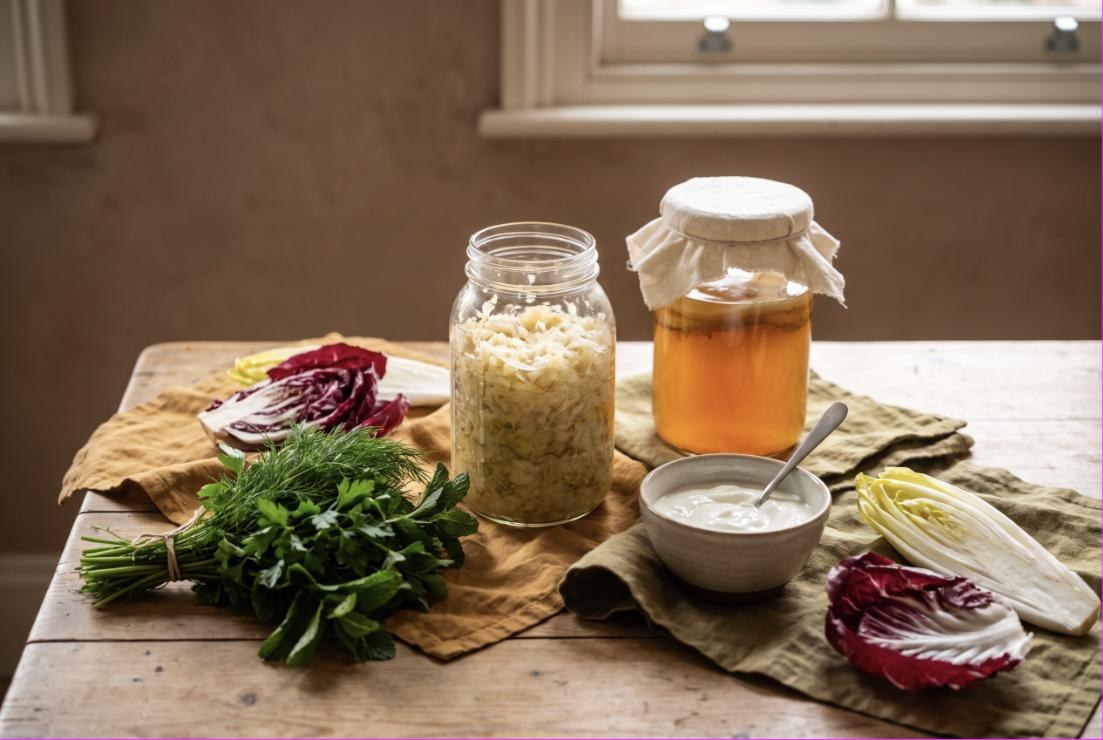 Sauerkraut, Kombucha, Joghurt und frische Kräuter auf einem Holztisch