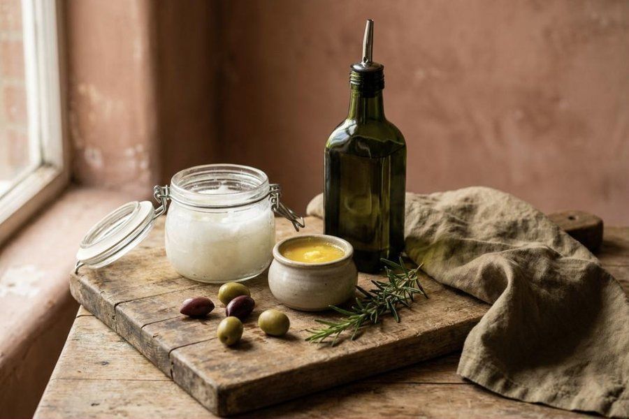 Kokosöl, Ghee und Olivenöl auf einem Holzbrett am Fenster