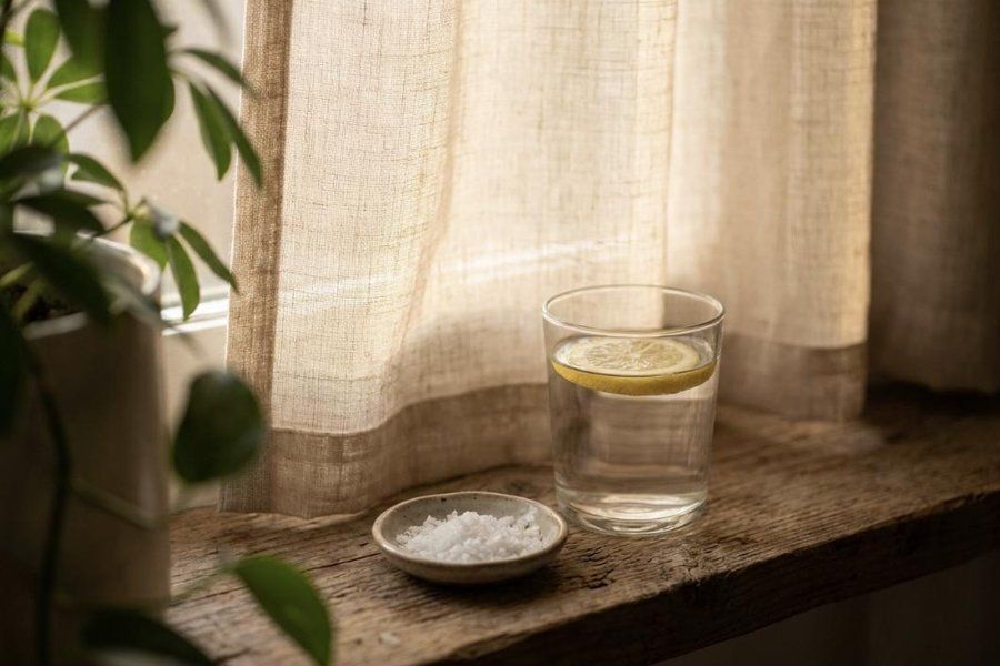 Glas Wasser mit Zitrone und eine Schale Salz auf einer Fensterbank im Morgenlicht