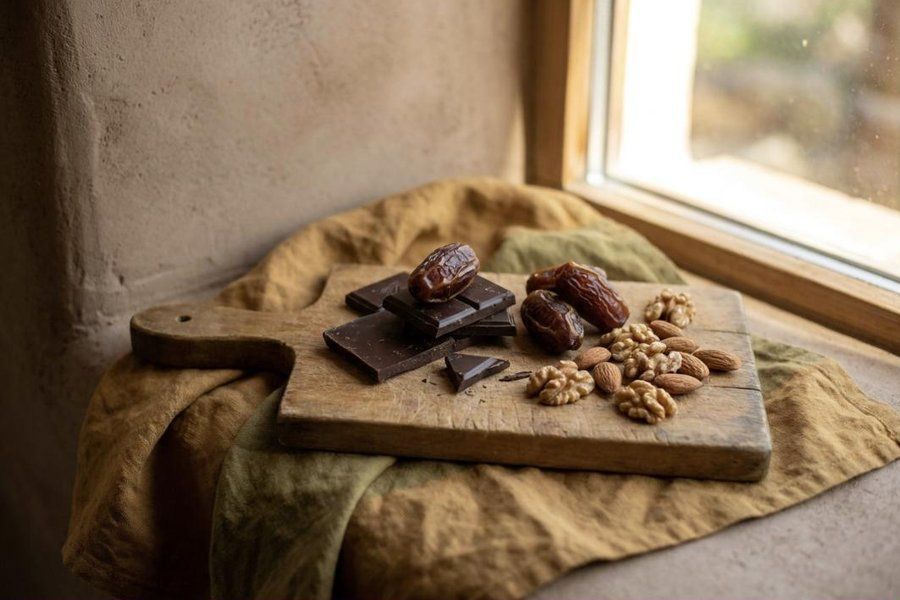 Stücke dunkler Schokolade mit Datteln und Nüssen auf einem Holzbrett