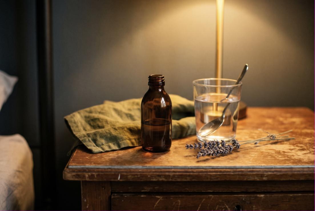 Braunglasflasche und ein Glas Wasser auf einem Nachttisch bei Kerzenlicht
