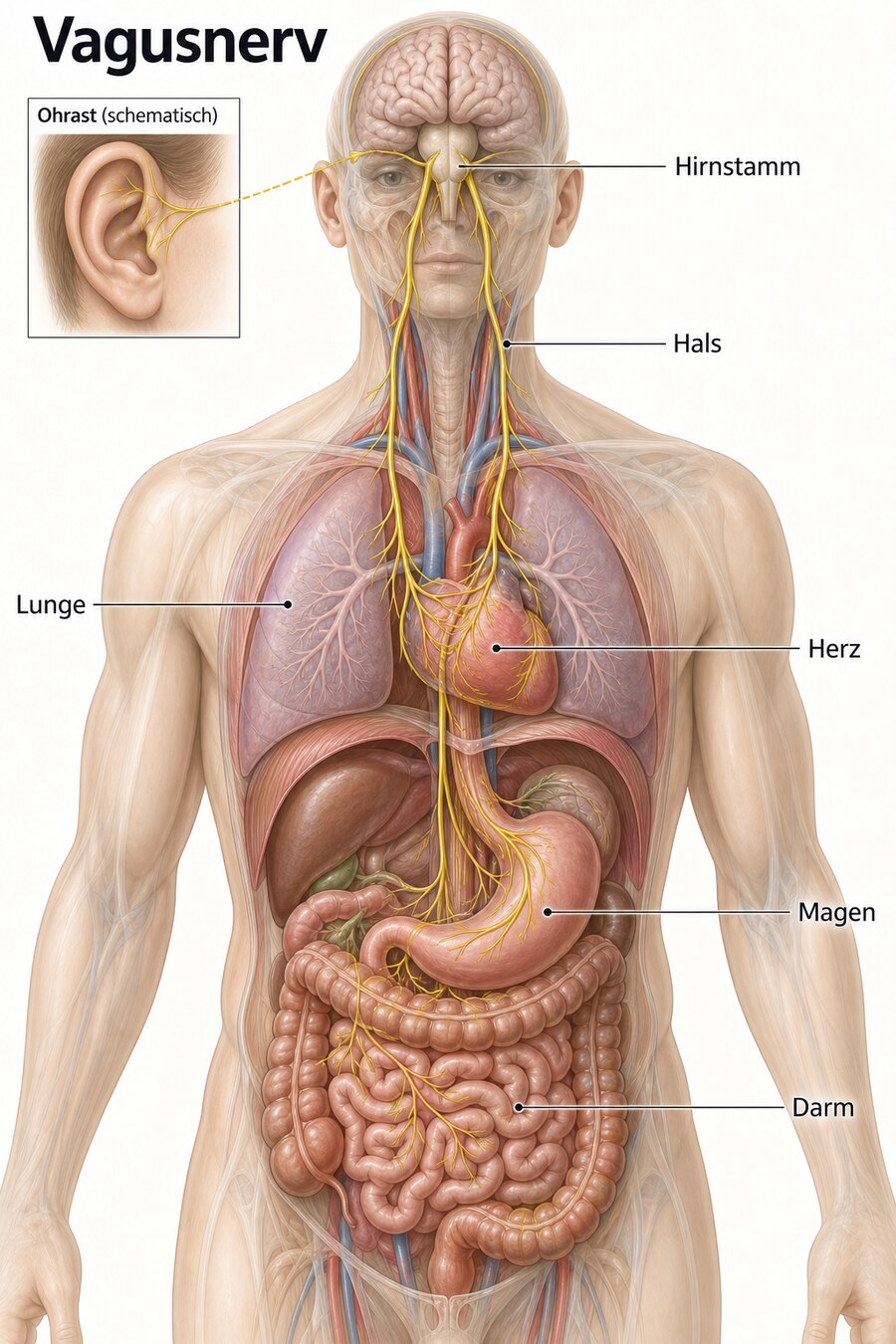 Anatomische Darstellung des Vagusnervs: vom Hirnstamm über den Hals zu Lunge, Herz, Magen und Darm, dazu der Ast zur Ohrmuschel