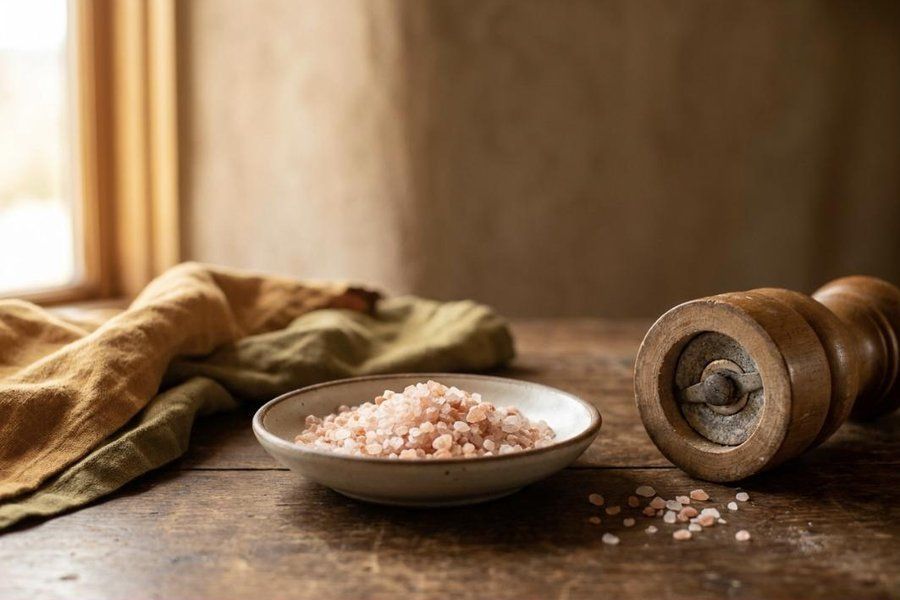 Grobes Steinsalz in einer Schale neben einer Steinmühle