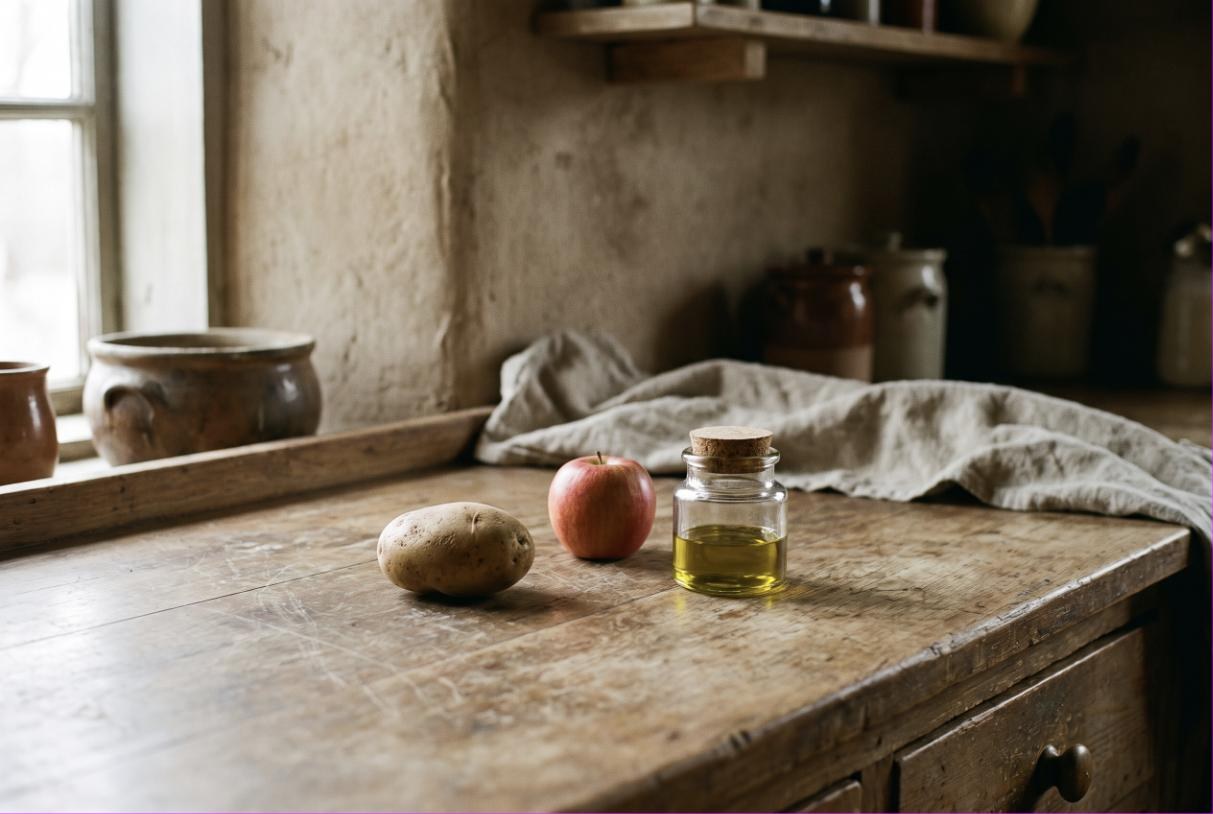 Eine Kartoffel, ein Apfel und ein kleines Glas Olivenöl auf einer leeren Holzarbeitsplatte