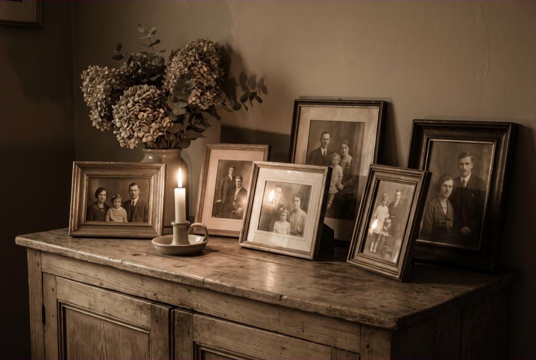 Alte Familienfotos auf einer Kommode, daneben eine brennende Kerze und getrocknete Blumen