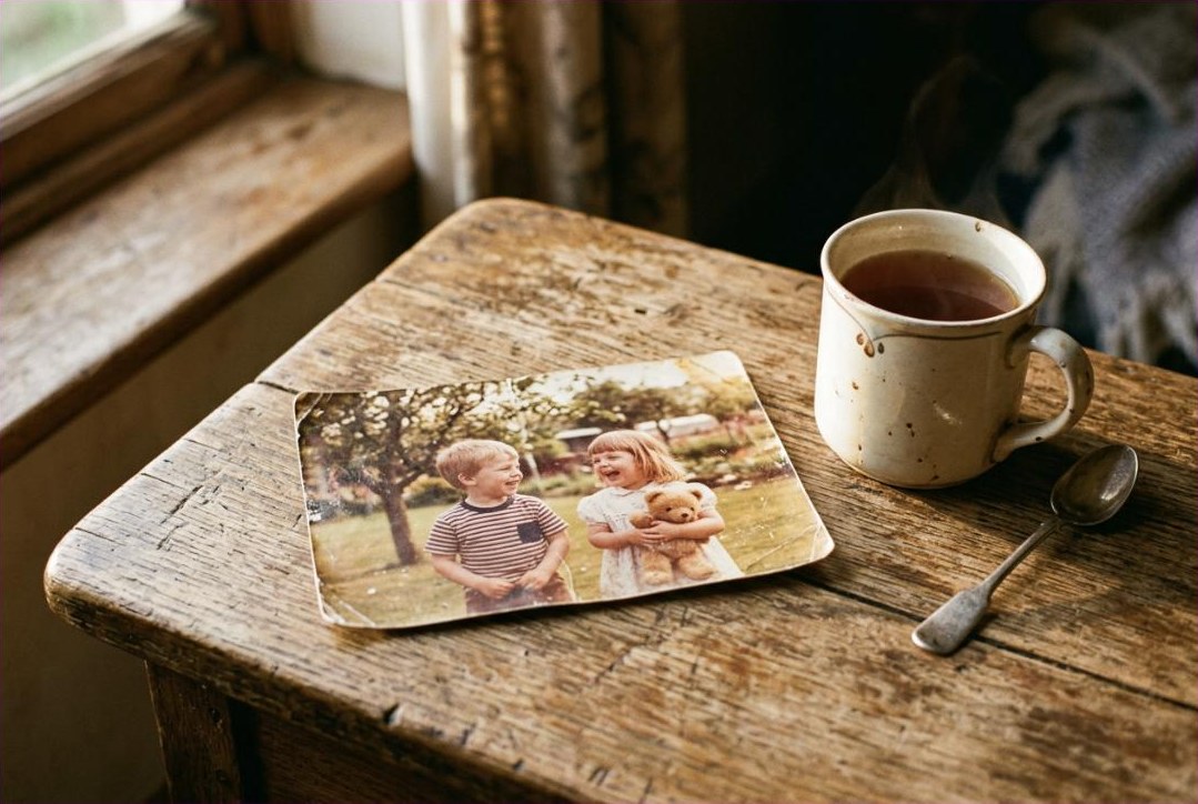 Ein altes Kinderfoto liegt neben einer Tasse Tee auf einem alten Holztisch