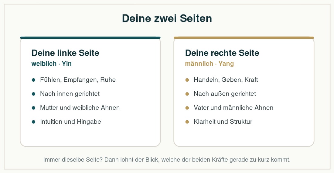 Übersicht: die linke Seite steht für das Weibliche, die rechte für das Männliche