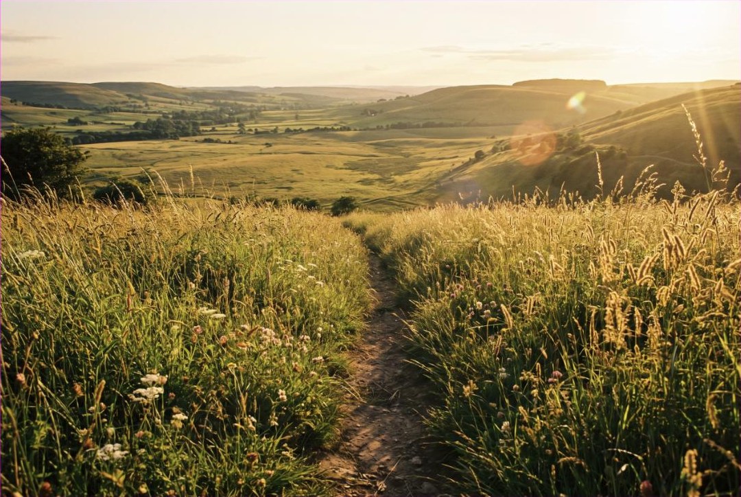 Ein schmaler Pfad führt durch hohes Sommergras in eine weite Landschaft im Abendlicht
