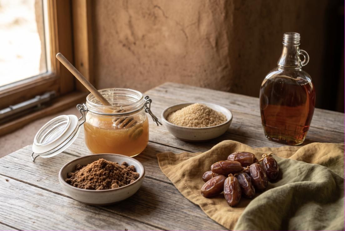 Honig, Kokosblütenzucker, Ahornsirup und Datteln auf einem Holztisch