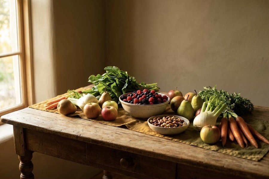Frisches Obst, Gemüse und Nüsse auf einem Holztisch im Morgenlicht
