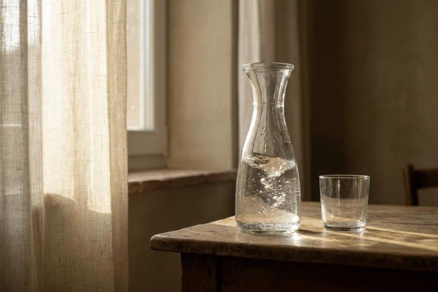 Glaskaraffe mit Wasser im Gegenlicht am Fenster