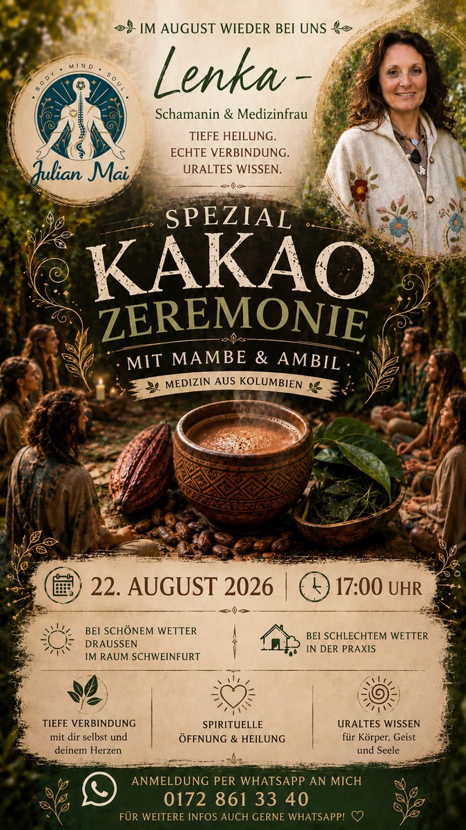 Plakat: Spezial Kakaozeremonie mit Mambe und Ambil, Medizin aus Kolumbien, mit Lenka am 22. August 2026 um 17 Uhr