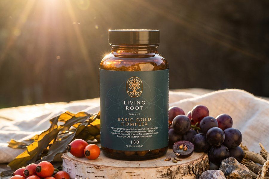 Living Root Basic Gold Complex im Abendlicht, umgeben von Hagebutten, Trauben und Kräutern