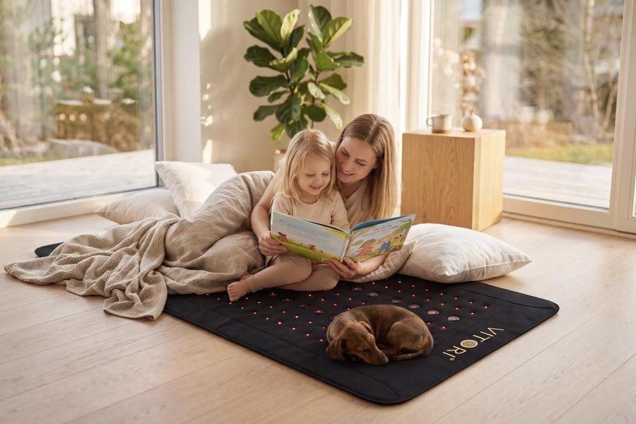 VITORI Infrarotmatte im Wohnzimmer während der Anwendung